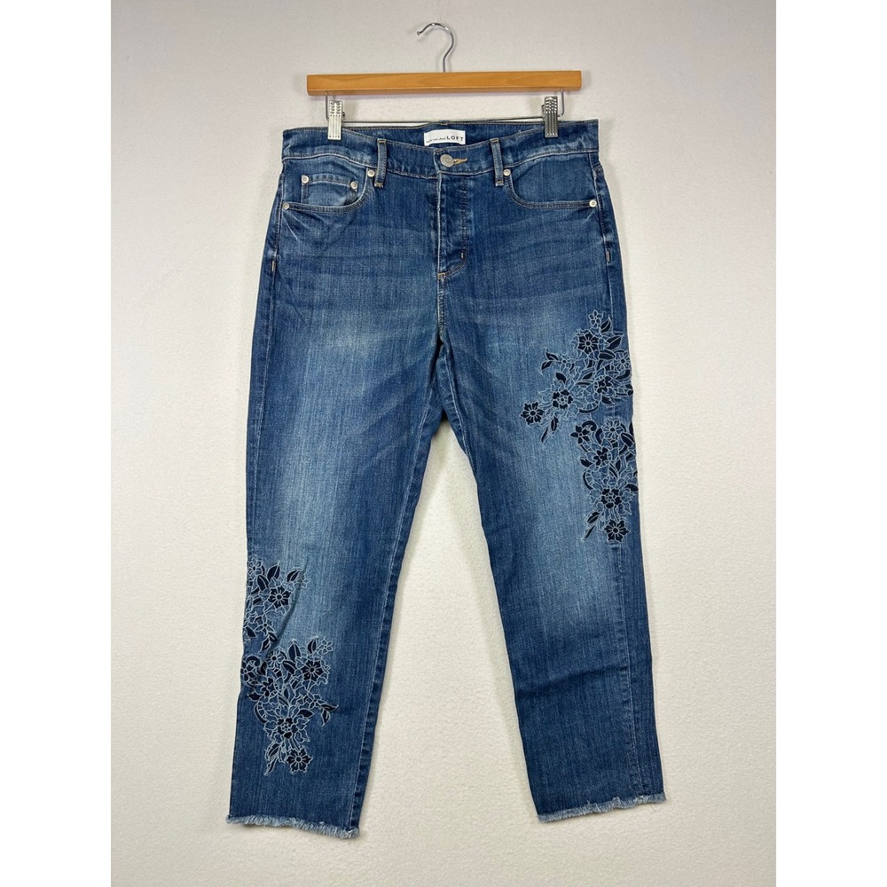 Boho Floral LOFT Women 28/6 Blue Embroidered Raw Hem Boyfriend Jeans Medium Wash